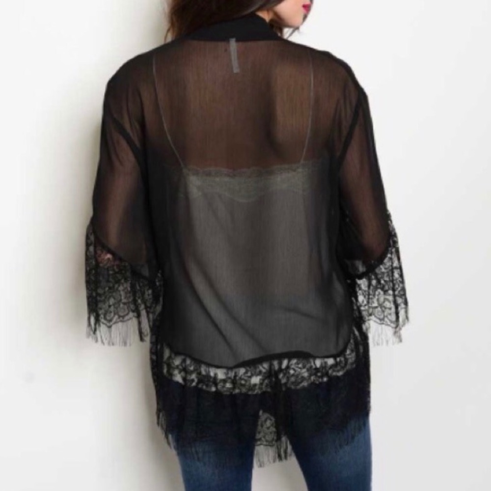 Sheer Black Lace-Trim Kimono Top - Women - Picture 2 of 2